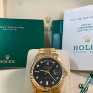 Rolex Yellow Gold Day-Date 36 - 1983 - Fluted Bezel - Black Diamond Dial - President Bracelet - 18038