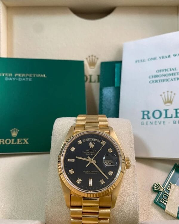 Rolex Yellow Gold Day-Date 36 - 1983 - Fluted Bezel - Black Diamond Dial - President Bracelet - 18038