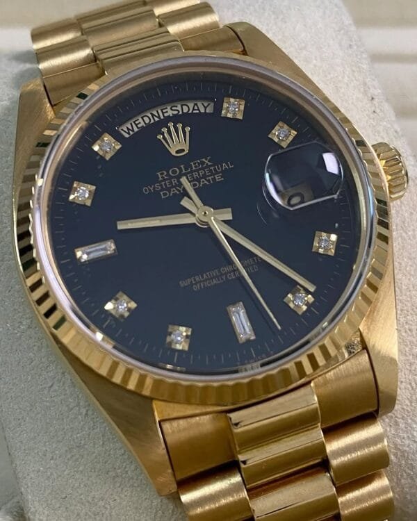 Rolex Yellow Gold Day-Date 36 - 1983 - Fluted Bezel - Black Diamond Dial - President Bracelet - 18038 - Image 8
