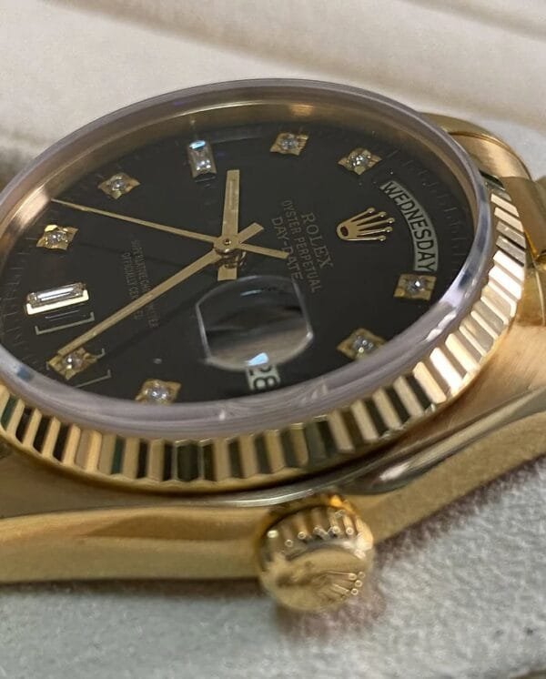Rolex Yellow Gold Day-Date 36 - 1983 - Fluted Bezel - Black Diamond Dial - President Bracelet - 18038 - Image 7