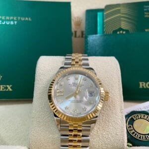 Rolex Steel and Yellow Gold Lady-Datejust 28 - 2023 - Fluted Bezel - Star Diamond Dial - Jubilee Bracelet - 279173 *FULL SET*