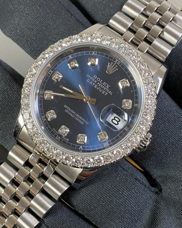 Rolex Steel Datejust 36 - W Serial - Diamond Bezel - Blue Diamond Dial - Jubilee Bracelet - 16234 - Image 8