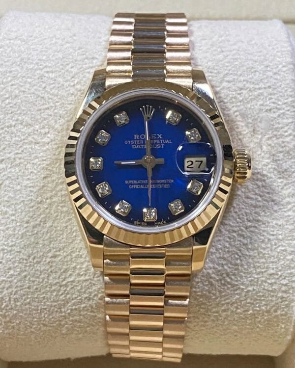 Rolex Yellow Gold Lady-Datejust 26 - N Serial - Fluted Bezel - Blue Vignette Diamond Dial - President Bracelet - 69178 - Image 6