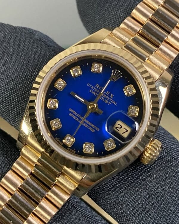 Rolex Yellow Gold Lady-Datejust 26 - N Serial - Fluted Bezel - Blue Vignette Diamond Dial - President Bracelet - 69178 - Image 9