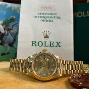 Rolex Yellow Gold Lady-Datejust - S serial - Fluted Bezel - Factory Diamond Dial - President Bracelet - 69178 *FULL SET*