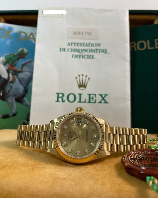 Rolex Yellow Gold Lady-Datejust - S serial - Fluted Bezel - Factory Diamond Dial - President Bracelet - 69178 *FULL SET*