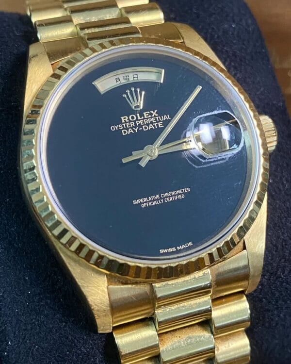 Rolex Yellow Gold Day-Date 36 - S serial - Fluted Bezel - Onyx Dial - Japanese Day Wheel - President Bracelet - 18238 *FULL SET* - Image 9