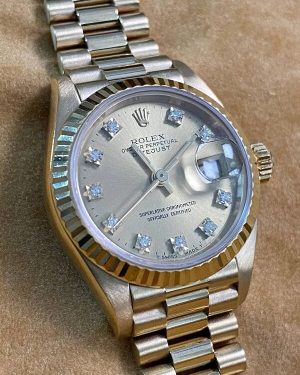 Rolex Yellow Gold Lady-Datejust - S serial - Fluted Bezel - Factory Diamond Dial - President Bracelet - 69178 *FULL SET* - Image 4