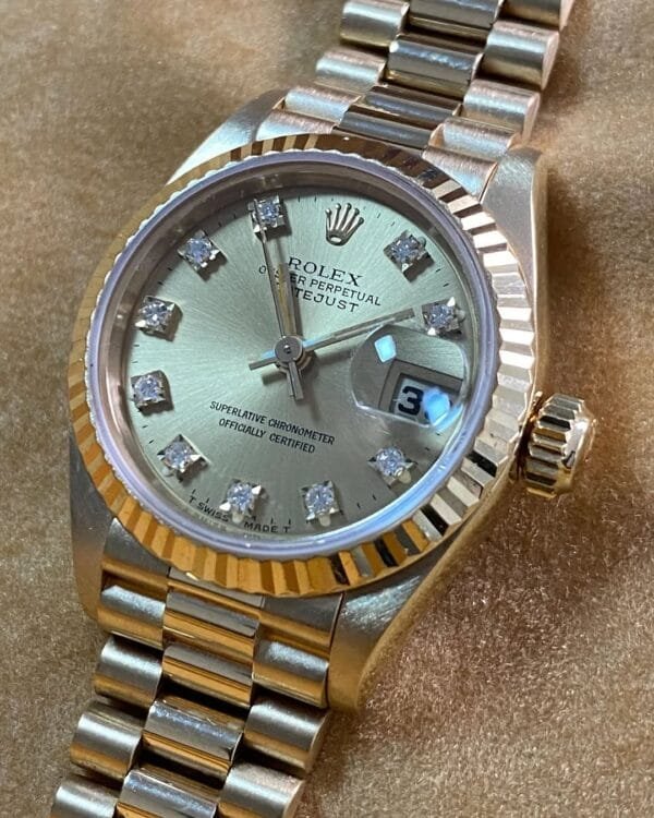 Rolex Yellow Gold Lady-Datejust - S serial - Fluted Bezel - Factory Diamond Dial - President Bracelet - 69178 *FULL SET* - Image 3