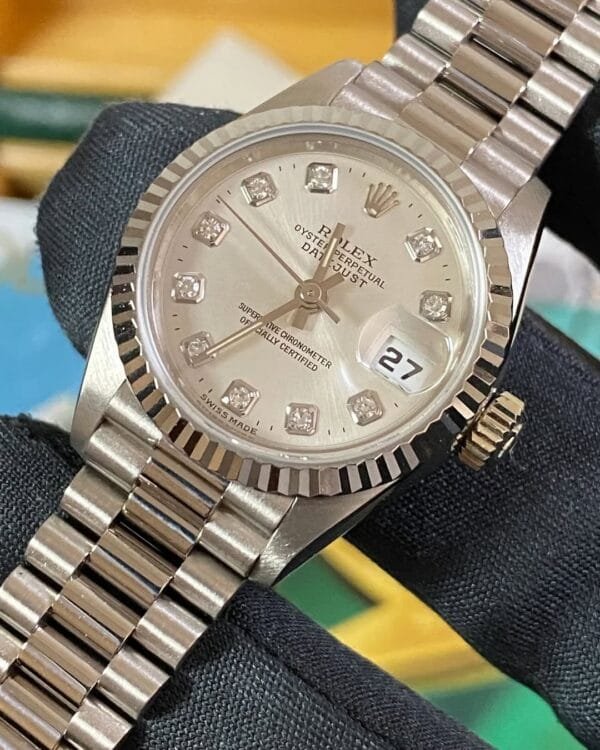 Rolex White Gold Lady-Datejust - 1995 - Fluted Bezel - Factory Diamond Dial - President Bracelet - 69179 *FULL SET* - Image 9