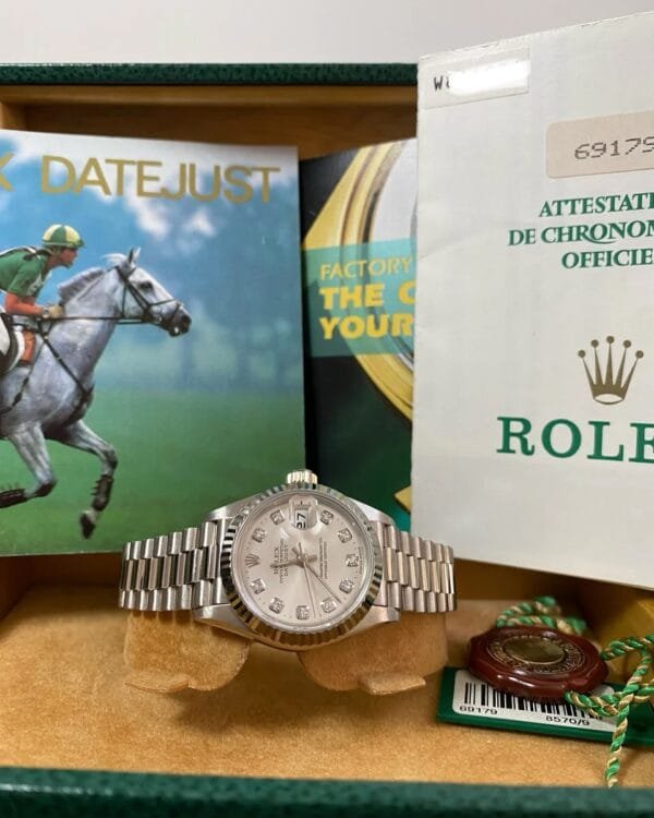 Rolex White Gold Lady-Datejust - 1995 - Fluted Bezel - Factory Diamond Dial - President Bracelet - 69179 *FULL SET*