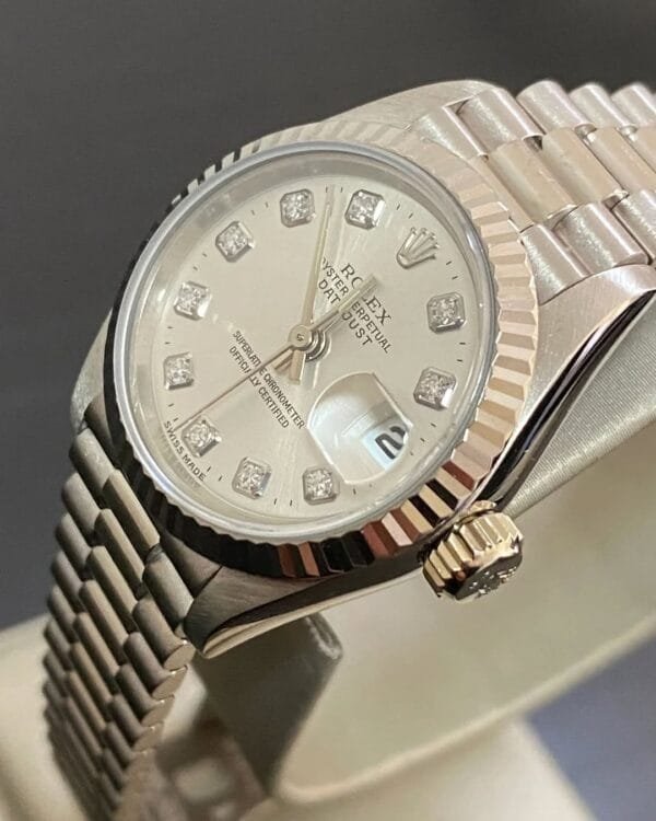 Rolex White Gold Lady-Datejust - 1995 - Fluted Bezel - Factory Diamond Dial - President Bracelet - 69179 *FULL SET* - Image 5