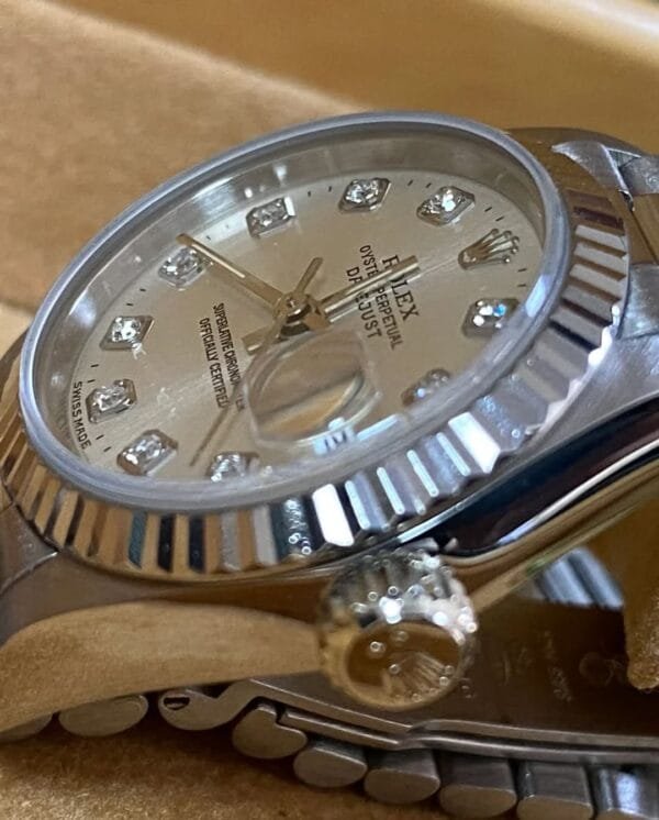 Rolex White Gold Lady-Datejust - 1995 - Fluted Bezel - Factory Diamond Dial - President Bracelet - 69179 *FULL SET* - Image 4