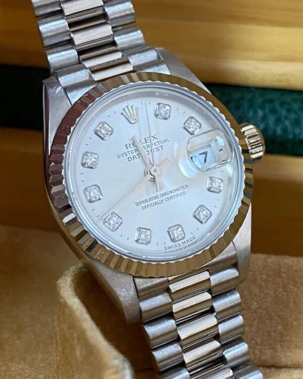 Rolex White Gold Lady-Datejust - 1995 - Fluted Bezel - Factory Diamond Dial - President Bracelet - 69179 *FULL SET* - Image 2