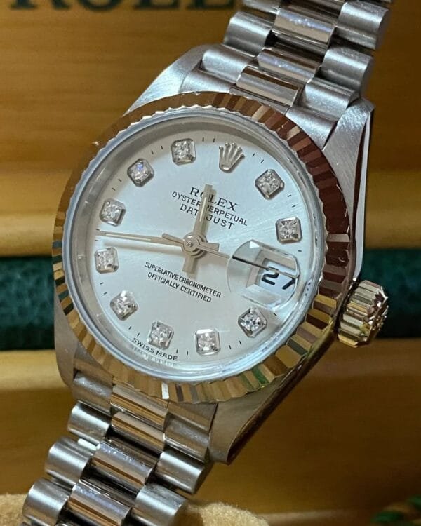 Rolex White Gold Lady-Datejust - 1995 - Fluted Bezel - Factory Diamond Dial - President Bracelet - 69179 *FULL SET* - Image 10