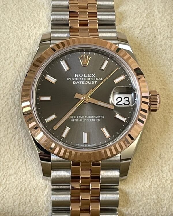 Rolex Steel and Everose Gold Datejust 31 - 2022 - Fluted Bezel - Dark Rhodium Index Dial - Jubilee Bracelet - 278271 - Image 9