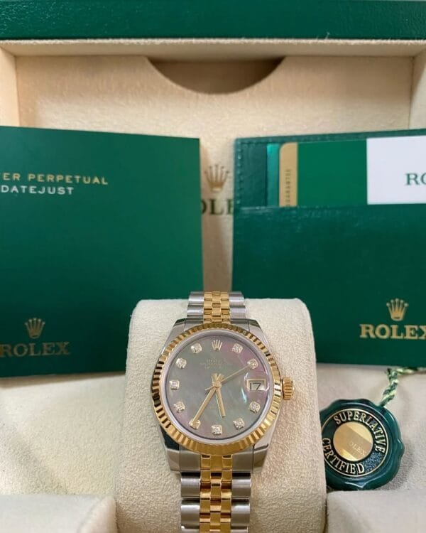 Rolex Yellow Gold Rolesor Datejust 31 - 2015 - Fluted Bezel - Black Mother of Pearl Diamond Dial - Jubilee Bracelet - 178273 *FULL SET*