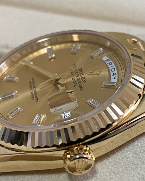 olex Yellow Gold Day-Date 40 - 2023 - Fluted Bezel - Baguette Diamond Dial - President Bracelet - 228238 - Image 8
