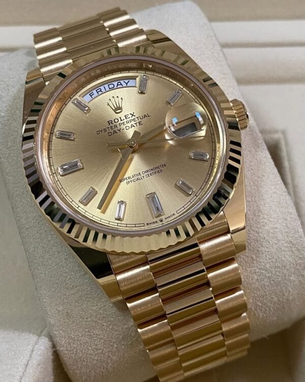 olex Yellow Gold Day-Date 40 - 2023 - Fluted Bezel - Baguette Diamond Dial - President Bracelet - 228238 - Image 7