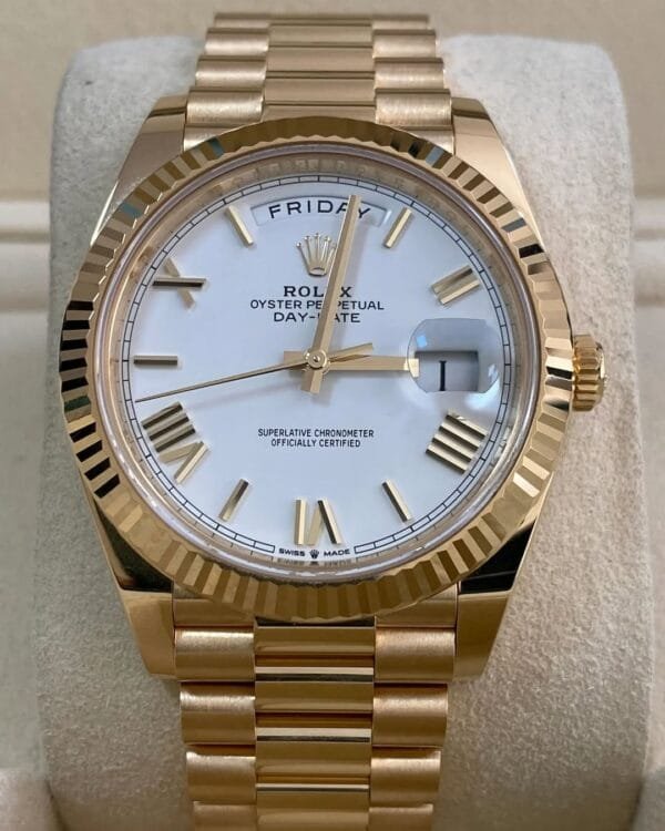 Rolex Yellow Gold Day-Date 40 - 2023 - Fluted Bezel - White Roman Dial - President Bracelet - 228238 *FULL SET* - Image 10