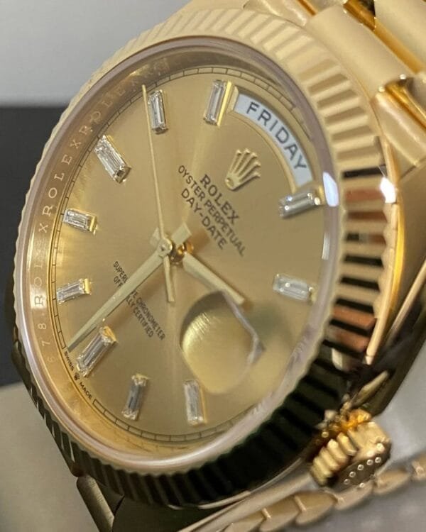 olex Yellow Gold Day-Date 40 - 2023 - Fluted Bezel - Baguette Diamond Dial - President Bracelet - 228238 - Image 6