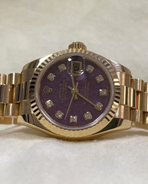 Rolex Yellow Gold Lady-Datejust - Y Serial - Fluted Bezel - Rubelite Diamond Dial - President Bracelet - 179178 - Image 8