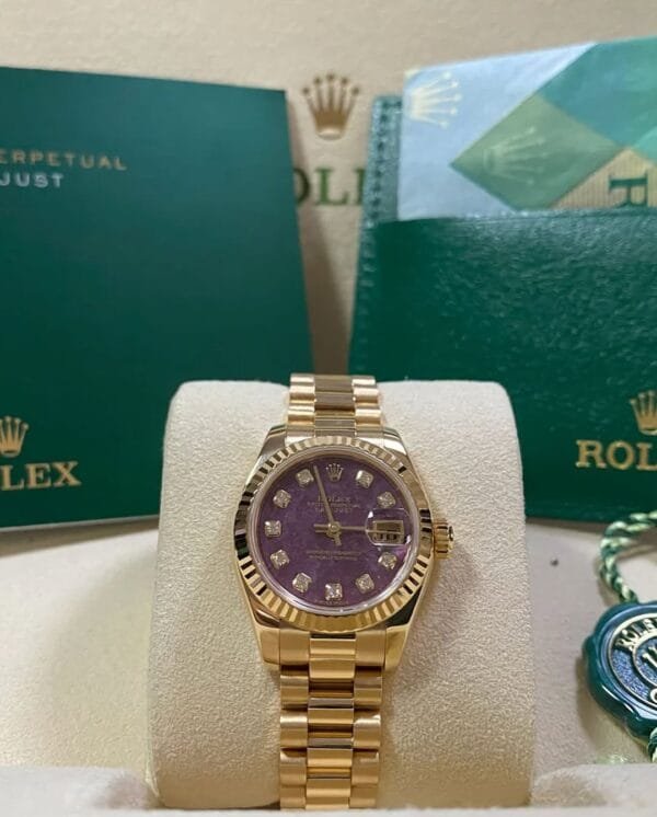 Rolex Yellow Gold Lady-Datejust - Y Serial - Fluted Bezel - Rubelite Diamond Dial - President Bracelet - 179178