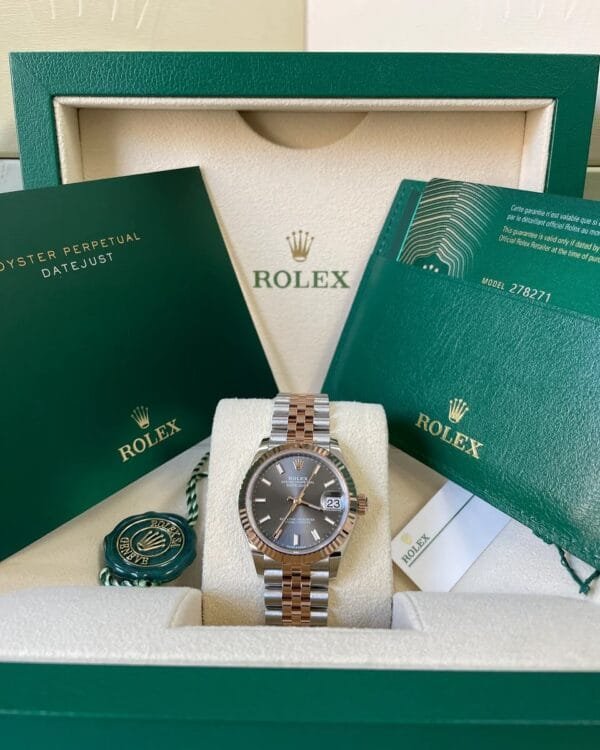 Rolex Steel and Everose Gold Datejust 31 - 2022 - Fluted Bezel - Dark Rhodium Index Dial - Jubilee Bracelet - 278271