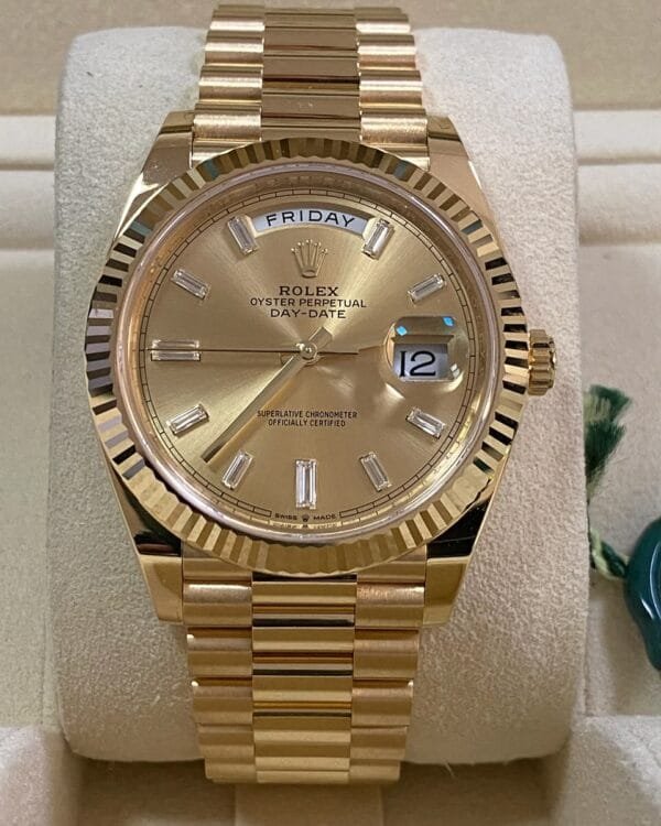 olex Yellow Gold Day-Date 40 - 2023 - Fluted Bezel - Baguette Diamond Dial - President Bracelet - 228238 - Image 5