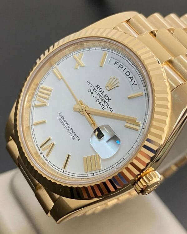 Rolex Yellow Gold Day-Date 40 - 2023 - Fluted Bezel - White Roman Dial - President Bracelet - 228238 *FULL SET* - Image 8
