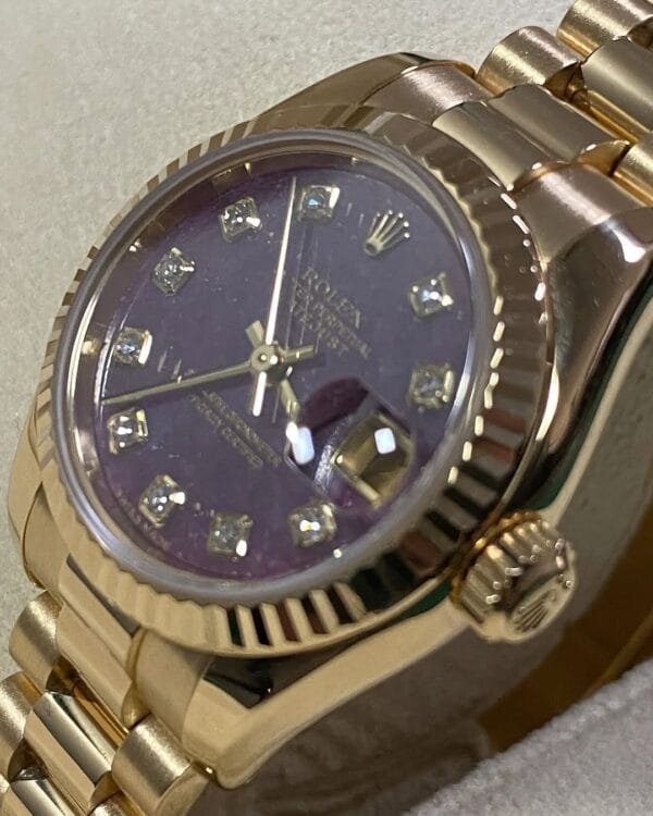 Rolex Yellow Gold Lady-Datejust - Y Serial - Fluted Bezel - Rubelite Diamond Dial - President Bracelet - 179178 - Image 6