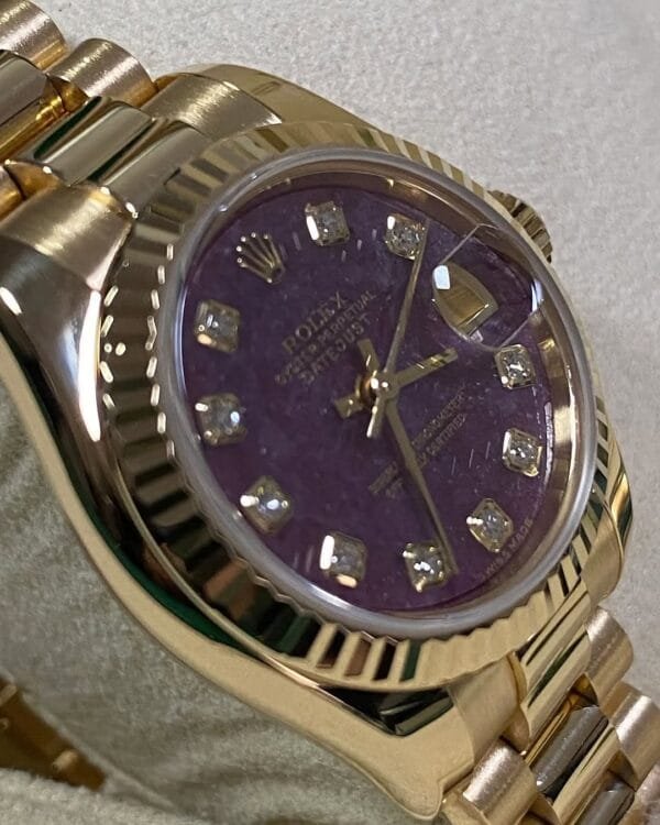 Rolex Yellow Gold Lady-Datejust - Y Serial - Fluted Bezel - Rubelite Diamond Dial - President Bracelet - 179178 - Image 5