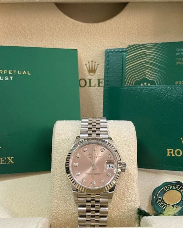 Rolex Steel and White Gold Datejust 31 - 2020 - Fluted Bezel - Pink Diamond Dial - Jubilee Bracelet - 278274
