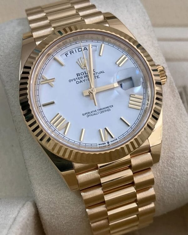 Rolex Yellow Gold Day-Date 40 - 2023 - Fluted Bezel - White Roman Dial - President Bracelet - 228238 *FULL SET* - Image 6
