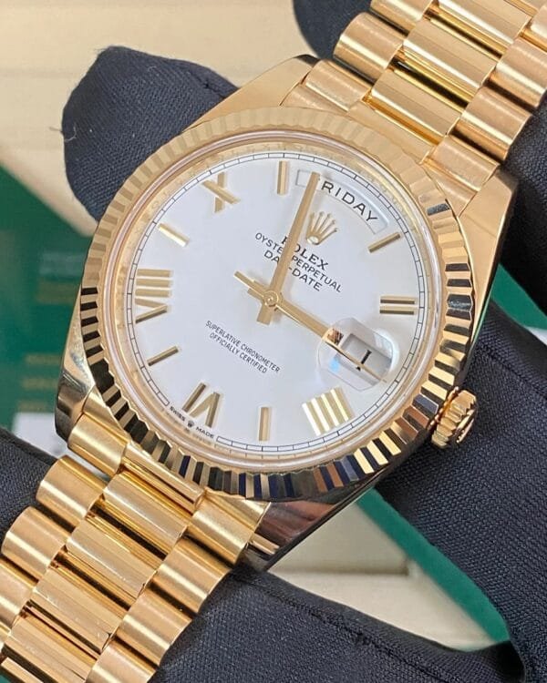 Rolex Yellow Gold Day-Date 40 - 2023 - Fluted Bezel - White Roman Dial - President Bracelet - 228238 *FULL SET* - Image 5