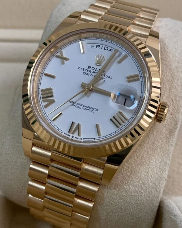 Rolex Yellow Gold Day-Date 40 - 2023 - Fluted Bezel - White Roman Dial - President Bracelet - 228238 *FULL SET* - Image 4