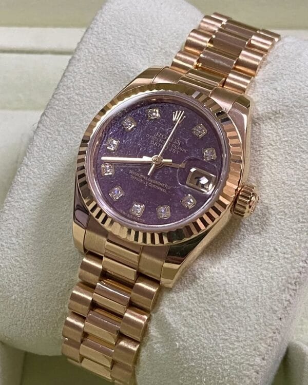 Rolex Yellow Gold Lady-Datejust - Y Serial - Fluted Bezel - Rubelite Diamond Dial - President Bracelet - 179178 - Image 4