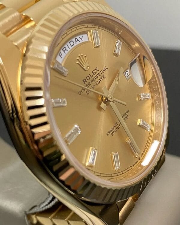olex Yellow Gold Day-Date 40 - 2023 - Fluted Bezel - Baguette Diamond Dial - President Bracelet - 228238 - Image 4