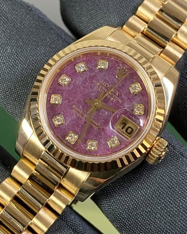 Rolex Yellow Gold Lady-Datejust - Y Serial - Fluted Bezel - Rubelite Diamond Dial - President Bracelet - 179178 - Image 3