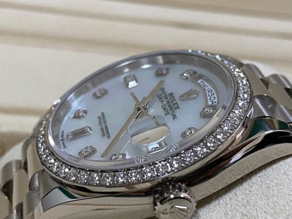 Rolex White Gold Day-Date 36 - 2023 - Diamond Bezel - Mother-of-Pearl Diamond Dial - President Bracelet - 128349RBR - Image 10