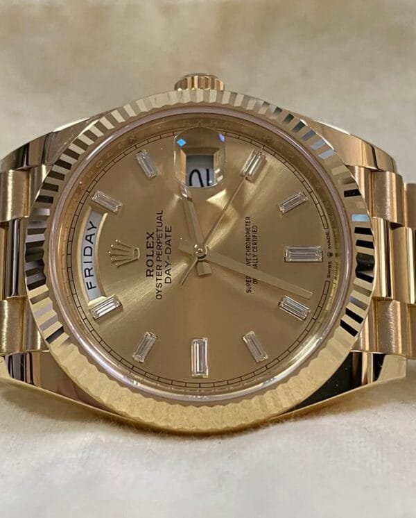 olex Yellow Gold Day-Date 40 - 2023 - Fluted Bezel - Baguette Diamond Dial - President Bracelet - 228238 - Image 3