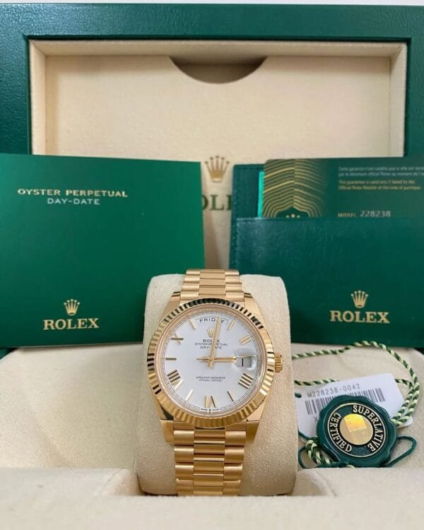 Rolex Yellow Gold Day-Date 40 - 2023 - Fluted Bezel - White Roman Dial - President Bracelet - 228238 *FULL SET*