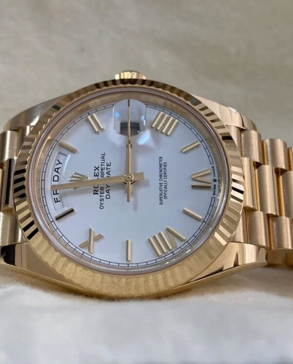 Rolex Yellow Gold Day-Date 40 - 2023 - Fluted Bezel - White Roman Dial - President Bracelet - 228238 *FULL SET* - Image 2