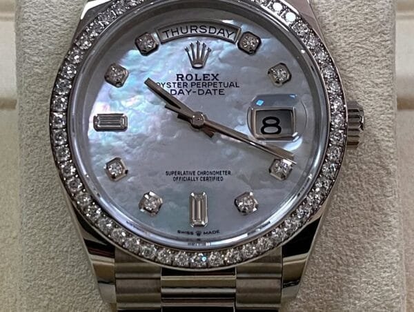 Rolex White Gold Day-Date 36 - 2023 - Diamond Bezel - Mother-of-Pearl Diamond Dial - President Bracelet - 128349RBR - Image 2