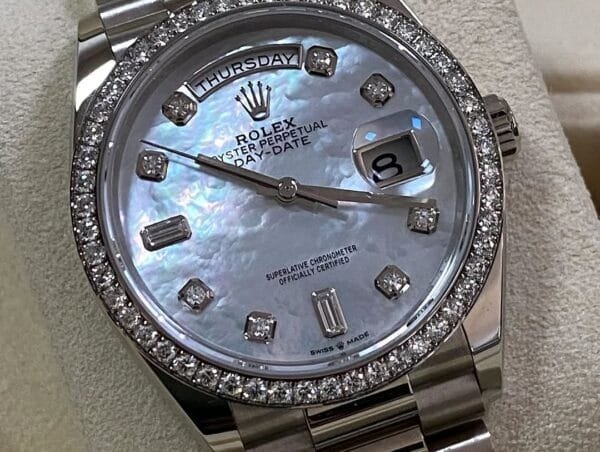 Rolex White Gold Day-Date 36 - 2023 - Diamond Bezel - Mother-of-Pearl Diamond Dial - President Bracelet - 128349RBR - Image 3