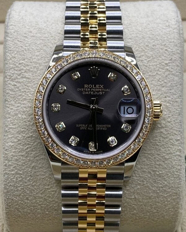 Rolex Steel and Yellow Gold Datejust 31 - 2023 - Diamond Bezel - Dark Grey Diamond Dial - Jubilee Bracelet - 278383RBR - Image 3