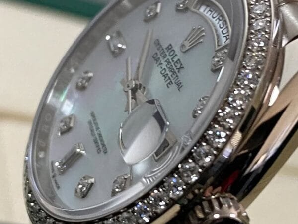 Rolex White Gold Day-Date 36 - 2023 - Diamond Bezel - Mother-of-Pearl Diamond Dial - President Bracelet - 128349RBR - Image 4
