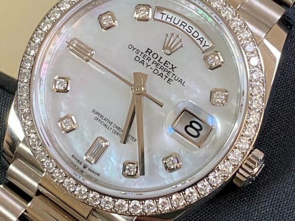 Rolex White Gold Day-Date 36 - 2023 - Diamond Bezel - Mother-of-Pearl Diamond Dial - President Bracelet - 128349RBR - Image 5