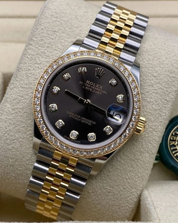 Rolex Steel and Yellow Gold Datejust 31 - 2023 - Diamond Bezel - Dark Grey Diamond Dial - Jubilee Bracelet - 278383RBR - Image 4