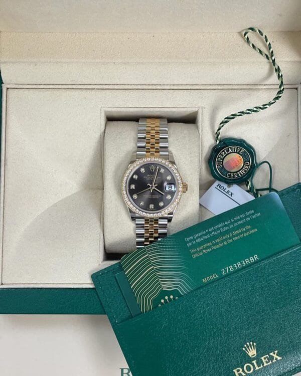 Rolex Steel and Yellow Gold Datejust 31 - 2023 - Diamond Bezel - Dark Grey Diamond Dial - Jubilee Bracelet - 278383RBR - Image 5